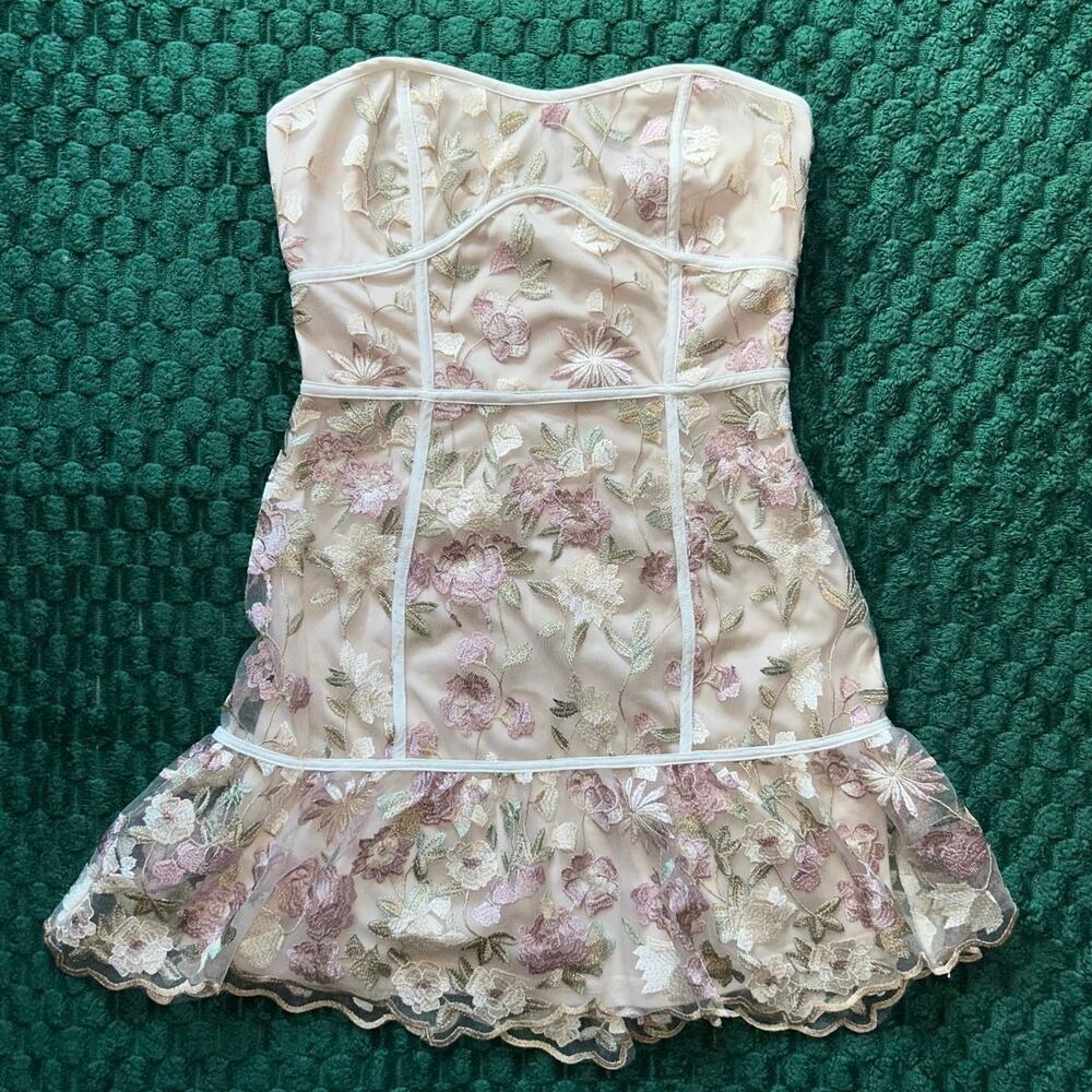 Tobi strapless floral embroidered mini dress